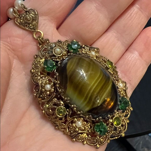 Vintage Mid Century West German Filigree Green Porphyry Slag Glass Necklace - Picture 3 of 12